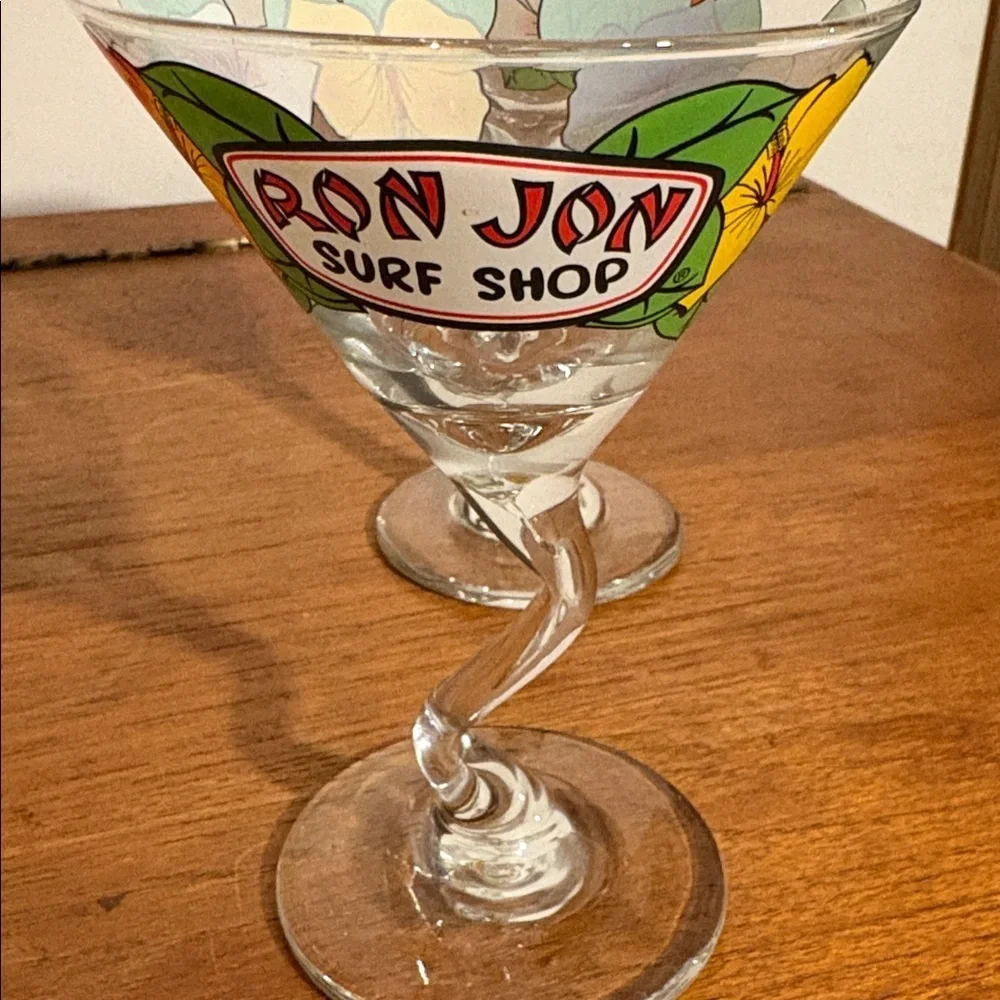 Y2K Era Ron Jon Surf Shop Retro Bent Stem Martini Glass 2 Matching Hibiscus Cute
